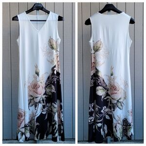 Silky Floral Vacation Dress Gorgeous Roses like new Black White Pink Sleeveless